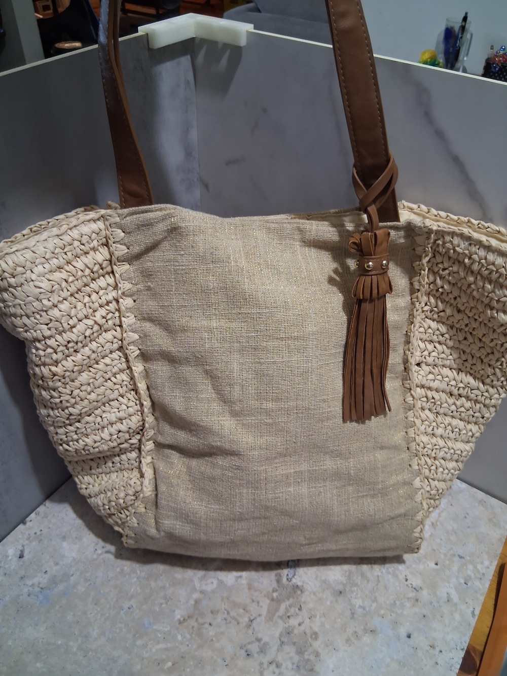 Neutral Beige Straw-Trim Tote with Brown Tassel Strap